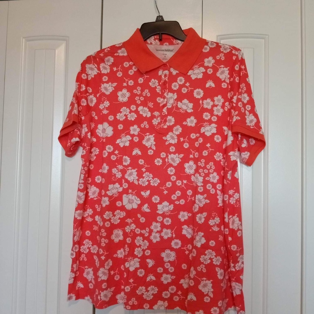 NWOT Woman Within Coral/White Floral Polo Tunic, Size 1X, Short Sleeve